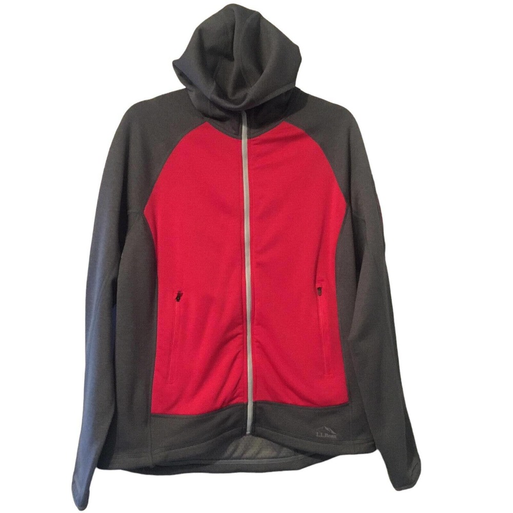 L.L.Bean Women's Sweatshirt Large Red Gray Hooded Cozy Long Sleeve Full Zip